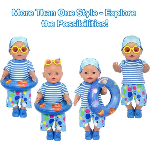 Blaues Badeanzug-Set für 35–45 cm große Puppen mit komplettem Sommerzubehör
