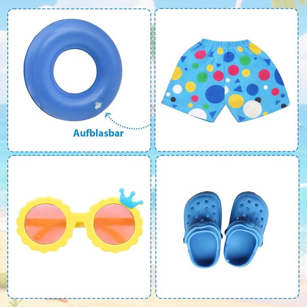 Blaues Badeanzug-Set für 35–45 cm große Puppen mit komplettem Sommerzubehör