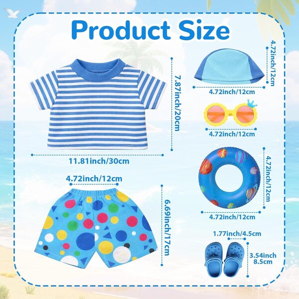 Blaues Badeanzug-Set für 35–45 cm große Puppen mit komplettem Sommerzubehör