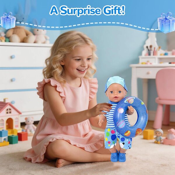 Blaues Badeanzug-Set für 35–45 cm große Puppen mit komplettem Sommerzubehör