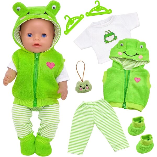 WanderGo 43 cm Frosch-Puppenkleidungsset mit Weste, Oberteil, Hose und Zubehör