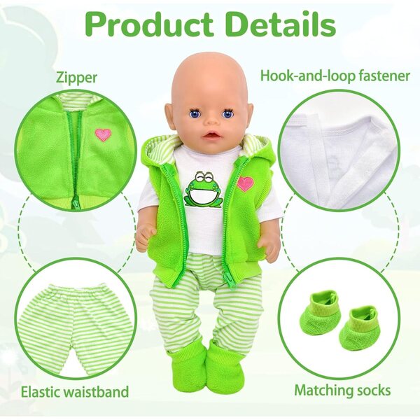 WanderGo Set Vestiti per Bambole 43 cm Rana con Gilet, Top, Pantaloni e Accessori