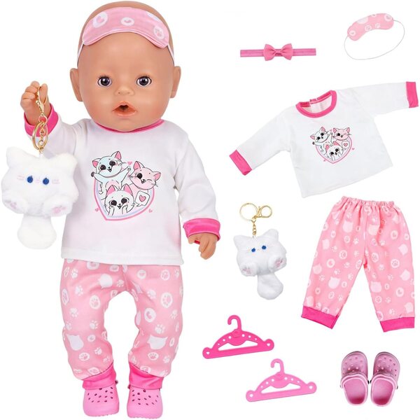 Rosafarbenes Katzen-Pyjama-Set für 35–43 cm große WanderGo-Puppen mit 7 Teilen und Zubehör