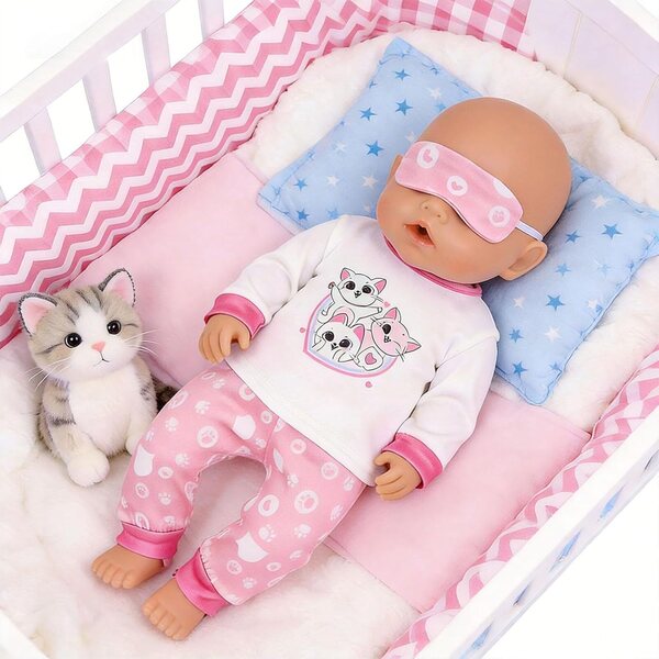 Rosafarbenes Katzen-Pyjama-Set für 35–43 cm große WanderGo-Puppen mit 7 Teilen und Zubehör