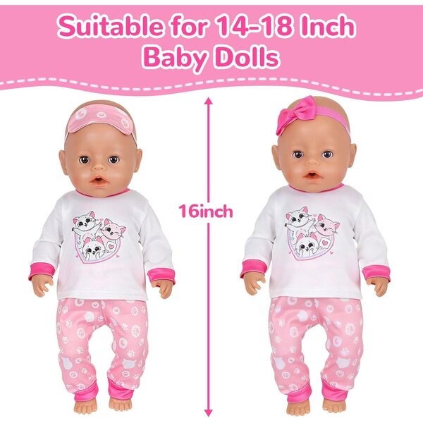 Rosafarbenes Katzen-Pyjama-Set für 35–43 cm große WanderGo-Puppen mit 7 Teilen und Zubehör