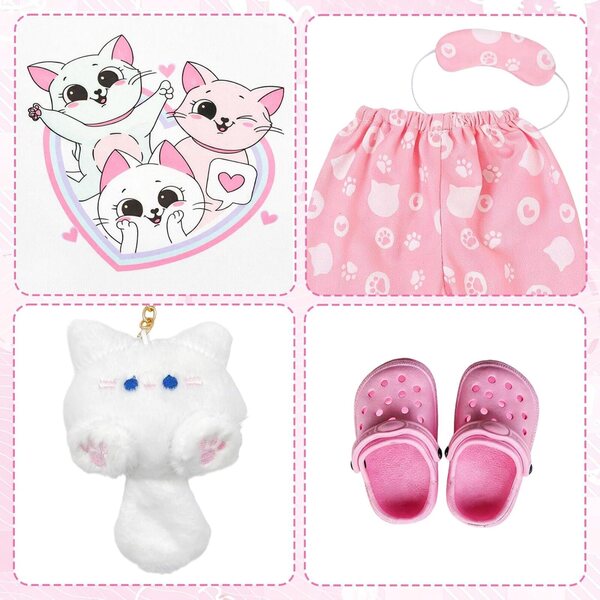 Rosafarbenes Katzen-Pyjama-Set für 35–43 cm große WanderGo-Puppen mit 7 Teilen und Zubehör