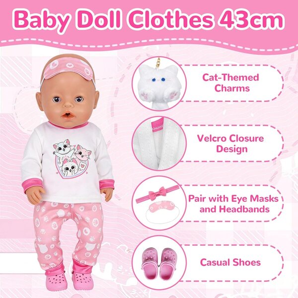 Rosafarbenes Katzen-Pyjama-Set für 35–43 cm große WanderGo-Puppen mit 7 Teilen und Zubehör