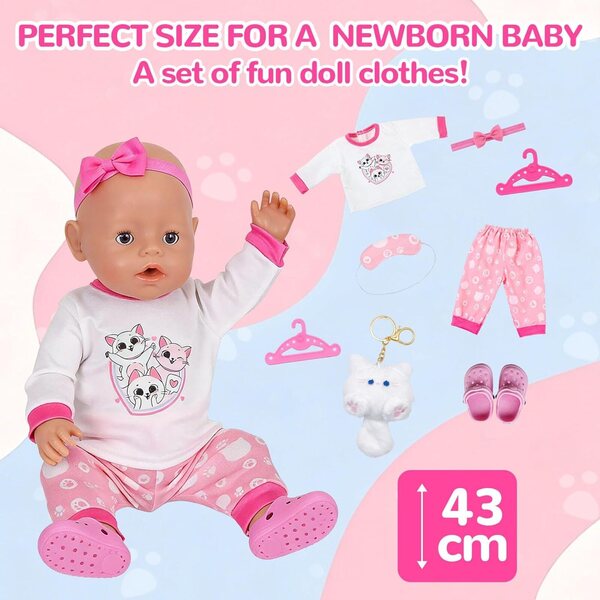 Rosafarbenes Katzen-Pyjama-Set für 35–43 cm große WanderGo-Puppen mit 7 Teilen und Zubehör