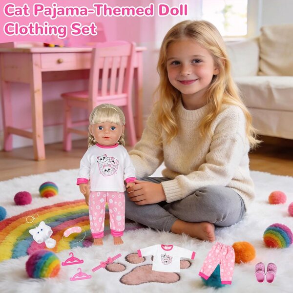 Rosafarbenes Katzen-Pyjama-Set für 35–43 cm große WanderGo-Puppen mit 7 Teilen und Zubehör