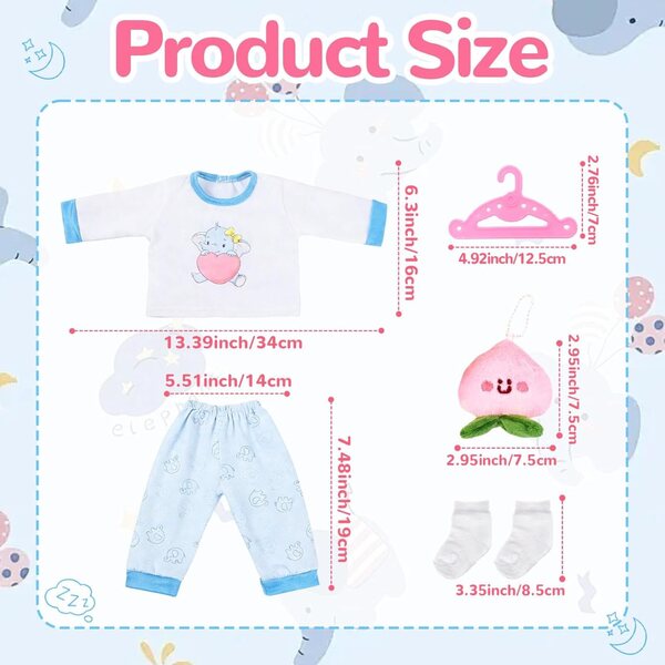 Pyjama-Kleidungsset für 30–45 cm große Puppen mit Elefant, bedruckter Hose und Plüsch
