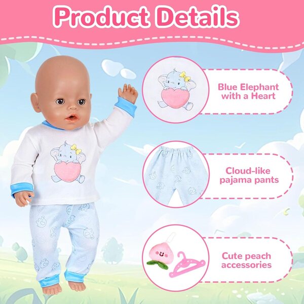 Pyjama-Kleidungsset für 30–45 cm große Puppen mit Elefant, bedruckter Hose und Plüsch