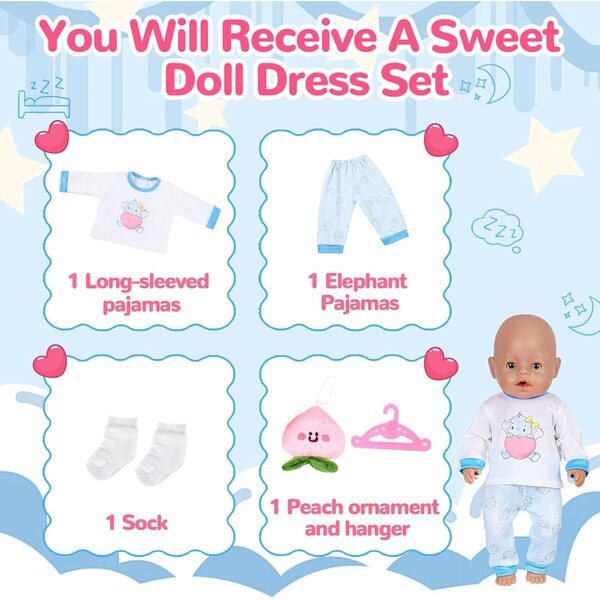 Pyjama-Kleidungsset für 30–45 cm große Puppen mit Elefant, bedruckter Hose und Plüsch
