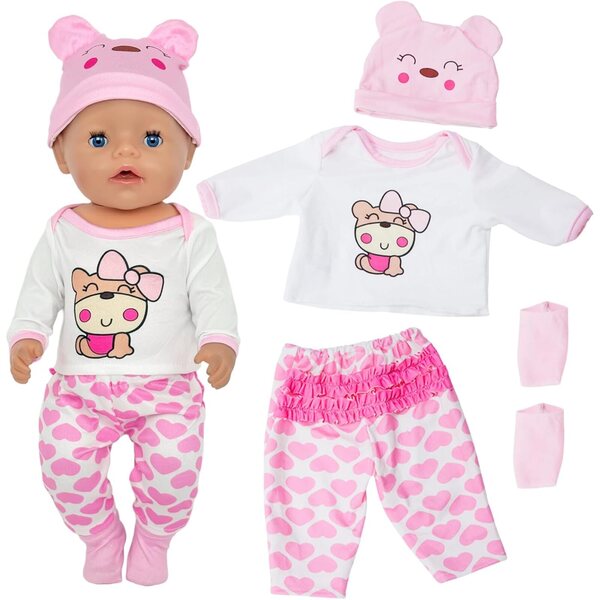 Kleidungsset für 30–45 cm große Puppen mit rosa Teddybär, Oberteil, Hose und Socken