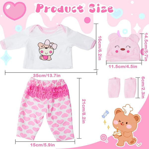 Kleidungsset für 30–45 cm große Puppen mit rosa Teddybär, Oberteil, Hose und Socken