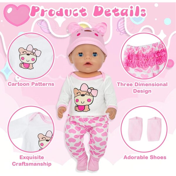 Kleidungsset für 30–45 cm große Puppen mit rosa Teddybär, Oberteil, Hose und Socken