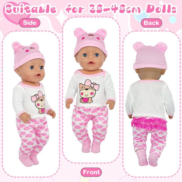 Kleidungsset für 30–45 cm große Puppen mit rosa Teddybär, Oberteil, Hose und Socken