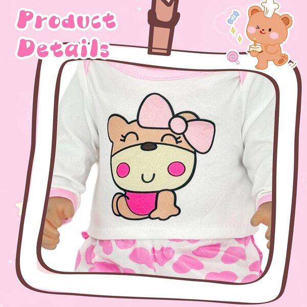 Kleidungsset für 30–45 cm große Puppen mit rosa Teddybär, Oberteil, Hose und Socken