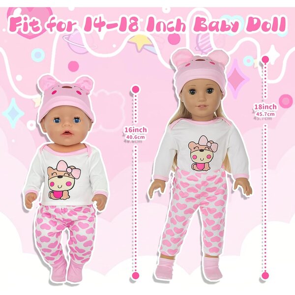 Kleidungsset für 30–45 cm große Puppen mit rosa Teddybär, Oberteil, Hose und Socken