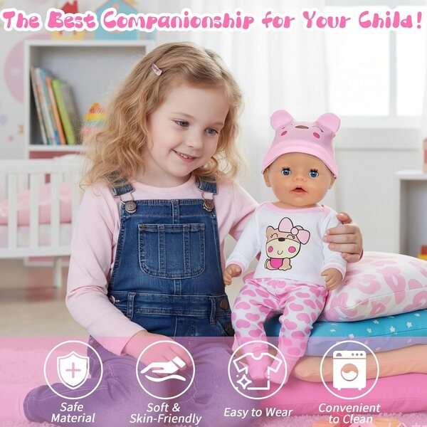 Kleidungsset für 30–45 cm große Puppen mit rosa Teddybär, Oberteil, Hose und Socken