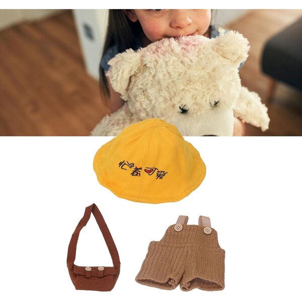 Bärenkleidung für 30-cm-Puppen mit bestickter Mütze und Hosenträgern aus weichem Stoff