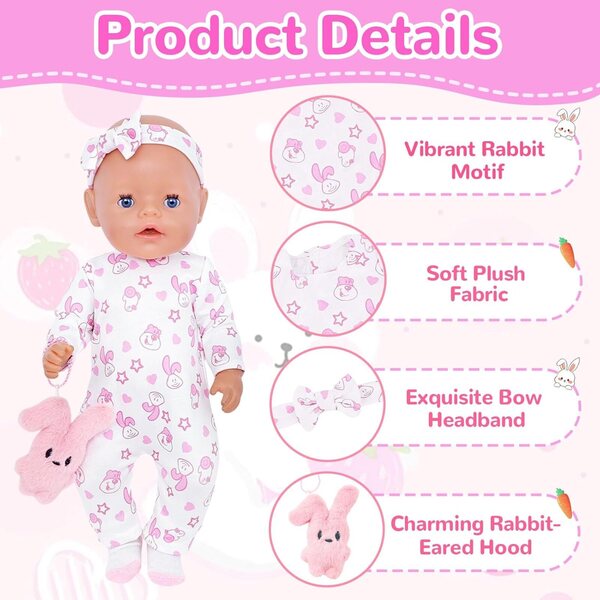 Set 5 vestiti rosa coniglio per bambole 35-45 cm – completo e facile da indossare