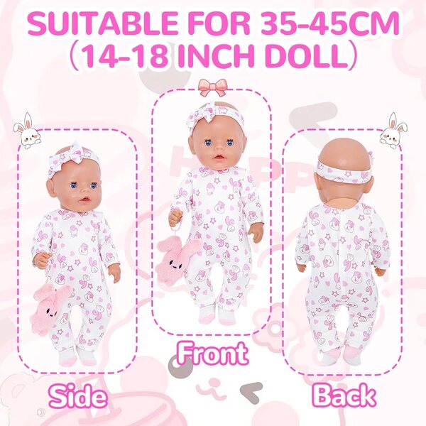 Set 5 vestiti rosa coniglio per bambole 35-45 cm – completo e facile da indossare