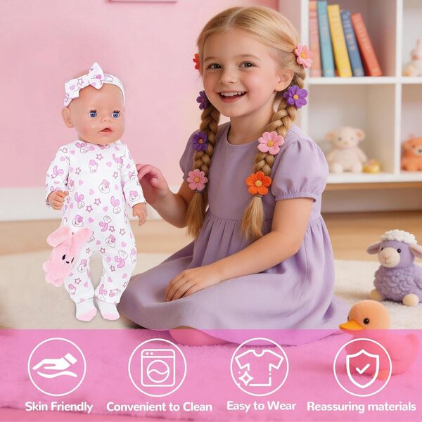 Set 5 vestiti rosa coniglio per bambole 35-45 cm – completo e facile da indossare