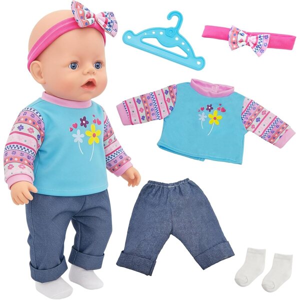 Set mit 8 Kleidungsstücken für Puppen von 30–45 cm mit blauen und rosa Blumen und Jeanshosen