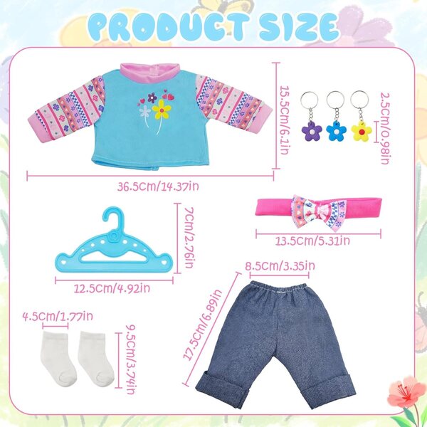 Set mit 8 Kleidungsstücken für Puppen von 30–45 cm mit blauen und rosa Blumen und Jeanshosen