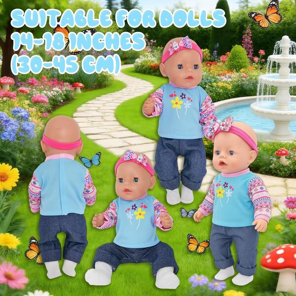 Set mit 8 Kleidungsstücken für Puppen von 30–45 cm mit blauen und rosa Blumen und Jeanshosen