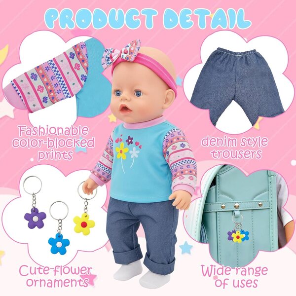 Set mit 8 Kleidungsstücken für Puppen von 30–45 cm mit blauen und rosa Blumen und Jeanshosen