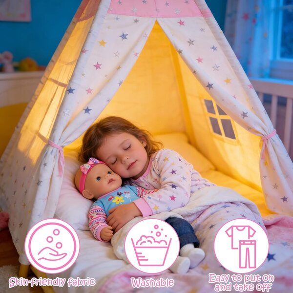 Set mit 8 Kleidungsstücken für Puppen von 30–45 cm mit blauen und rosa Blumen und Jeanshosen
