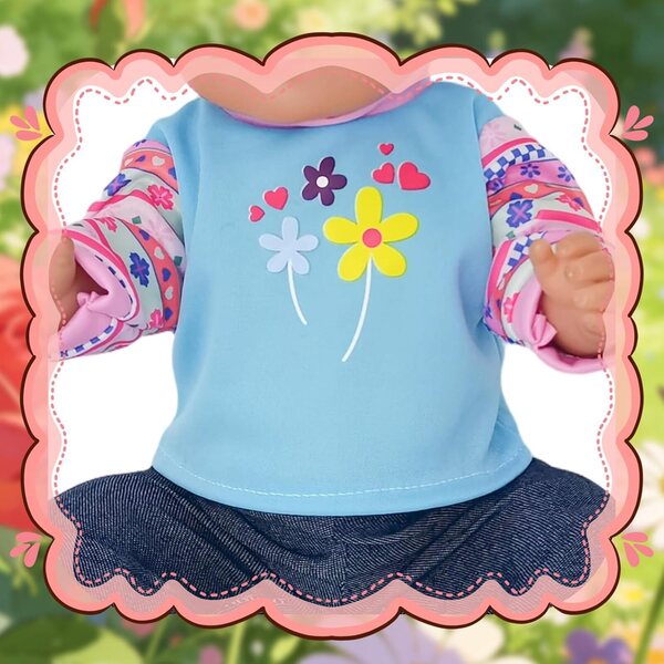 Set mit 8 Kleidungsstücken für Puppen von 30–45 cm mit blauen und rosa Blumen und Jeanshosen
