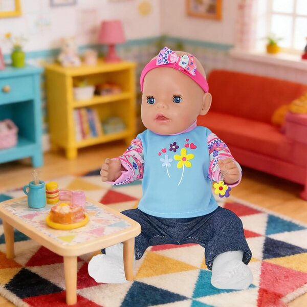 Set mit 8 Kleidungsstücken für Puppen von 30–45 cm mit blauen und rosa Blumen und Jeanshosen