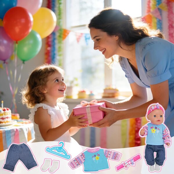 Set mit 8 Kleidungsstücken für Puppen von 30–45 cm mit blauen und rosa Blumen und Jeanshosen