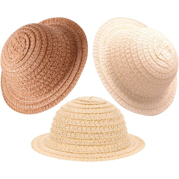 Set mit 3 geflochtenen Strohhüten für Miniaturpuppen in den Farben Beige, Elfenbein und Kaffee