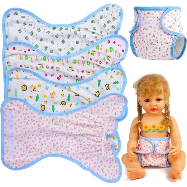 Set 4 Pannolini Riutilizzabili Regolabili per Bambole - Tessuto Morbido e Colori Assortiti