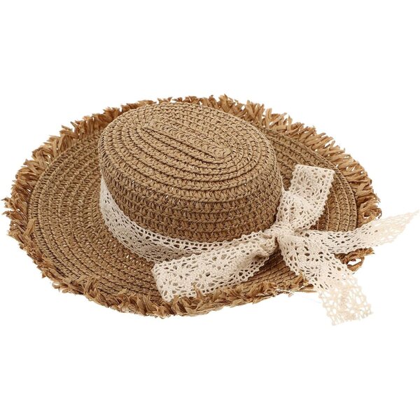Cappello di Paglia per Bambola con Fiocco in Pizzo, Accessorio Artigianale in Cotone