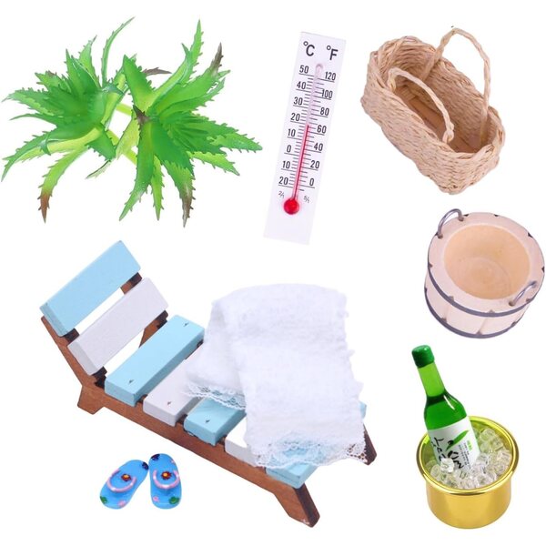 Set 11-teiliges Mini-Strandpuppenhaus mit Holzbett im Maßstab 1:12