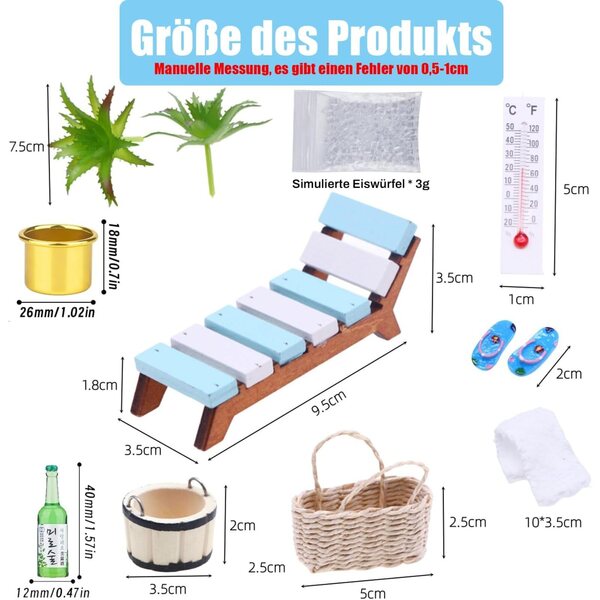 Set 11-teiliges Mini-Strandpuppenhaus mit Holzbett im Maßstab 1:12