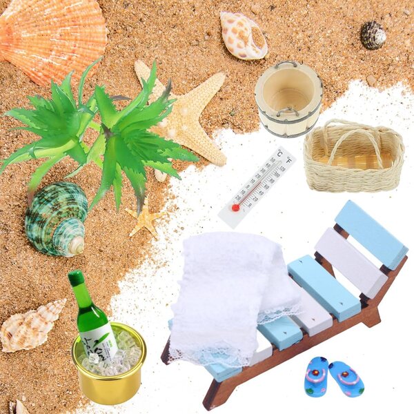 Set 11-teiliges Mini-Strandpuppenhaus mit Holzbett im Maßstab 1:12