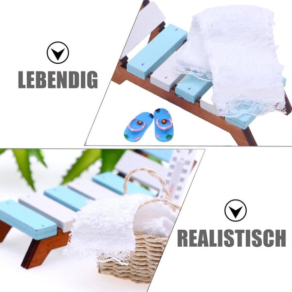 Set 11-teiliges Mini-Strandpuppenhaus mit Holzbett im Maßstab 1:12