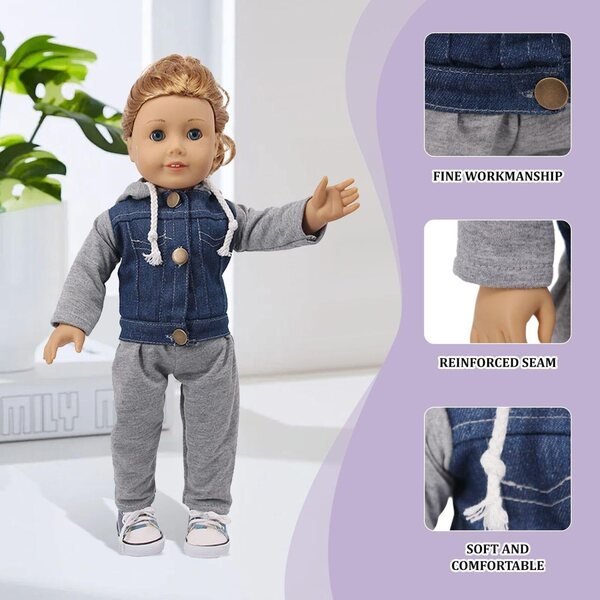 Abito in Denim per Bambole 18 Pollici con Mini Appendiabiti e Occhiali Bianchi
