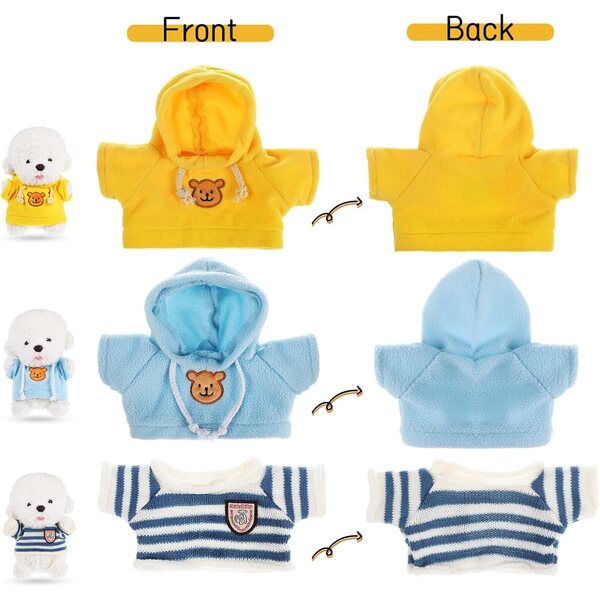3-teiliges Bekleidungsset für Stofftiere: Pullover und 2 farbige Hoodies