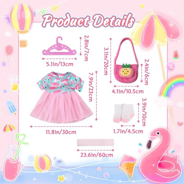 Abito fenicottero per bambole da 30 a 45 cm - Costume colorato e originale