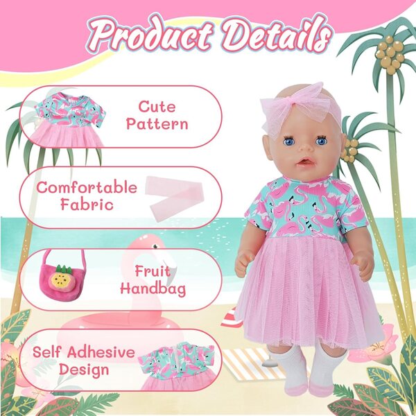 Abito fenicottero per bambole da 30 a 45 cm - Costume colorato e originale