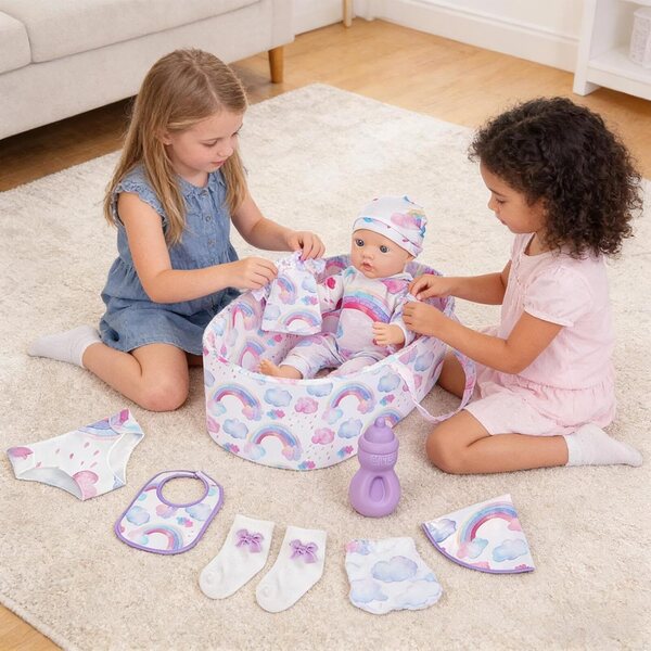 Realistisches Kleidungsset für 46-cm-Puppen mit Zubehör und faltbarer Wiege