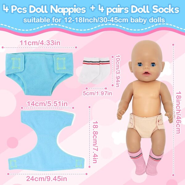 Set mit 4 Windeln und 4 Socken für YAEGIMHT-Puppen, perfektes Zubehör für Spielzeug