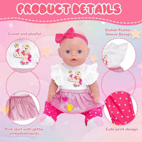Set 5 Vestiti Rosso per Bambole 30-45 cm con Orso Cavallo, Gonna Glitter e Accessori