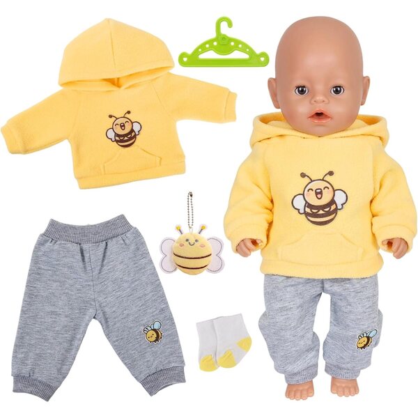 5-teiliges Bekleidungsset mit gelben Bienen für 30–45 cm große Puppen mit Sweatshirt, Hose und Accessoires